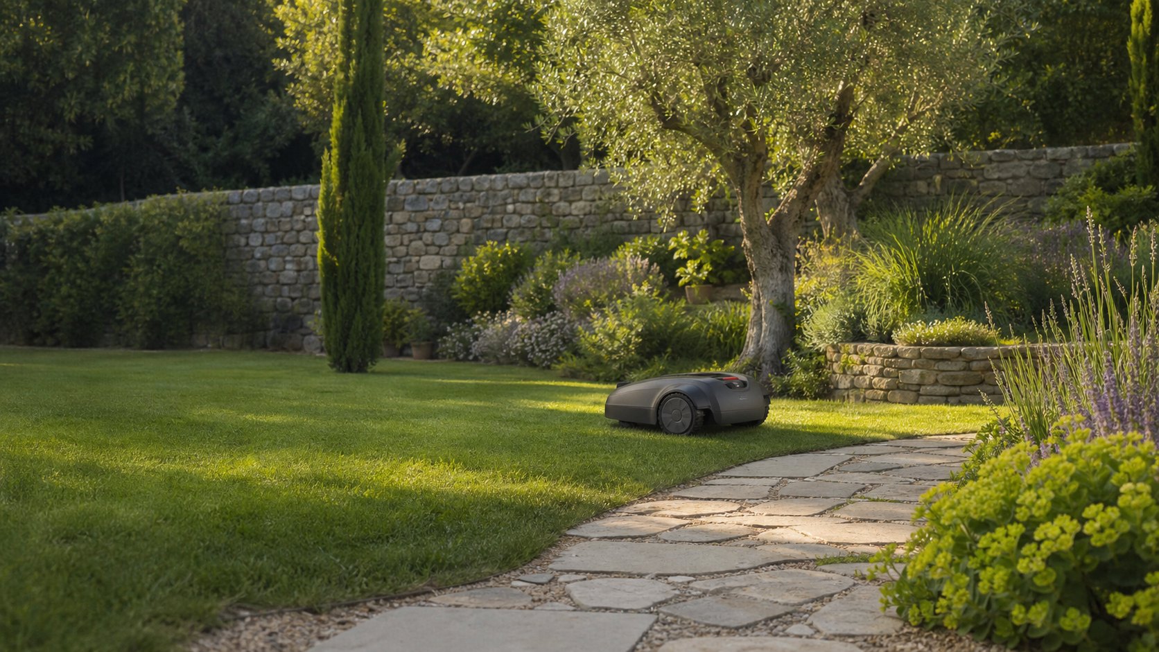 Robot tondeuse dans un jardin structuré